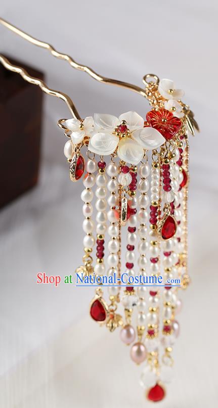 Chinese Classical Palace Pearls Tassel Hair Stick Handmade Hanfu Hair Accessories Ancient Ming Dynasty Empress Shell Plum Hairpins