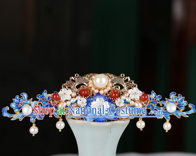 Chinese Classical Palace Blueing Peony Hair Crown Handmade Hanfu Hair Accessories Ancient Qing Dynasty Princess Agate Pearls Hairpins