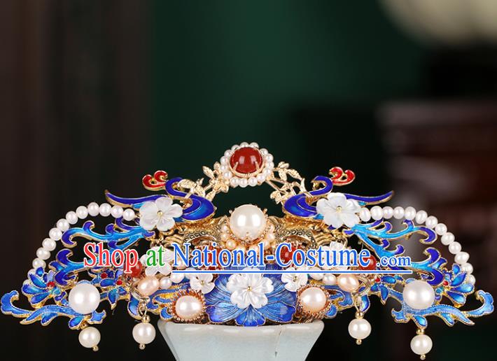 Chinese Classical Palace Blueing Phoenix Peony Hair Crown Handmade Hanfu Hair Accessories Ancient Qing Dynasty Princess Agate Pearls Hairpins