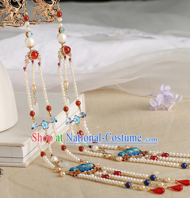 Chinese Classical Palace Phoenix Tassel Hair Stick Handmade Hanfu Hair Accessories Ancient Ming Dynasty Empress Pearls Hairpins