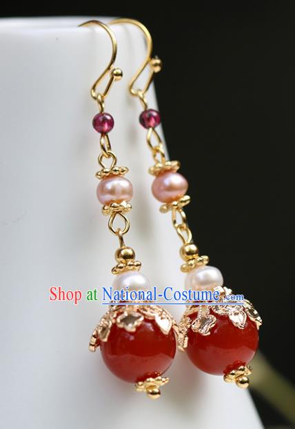 Chinese Handmade Agate Earrings Classical Ear Accessories Hanfu Qing Dynasty Princess Pearl Eardrop