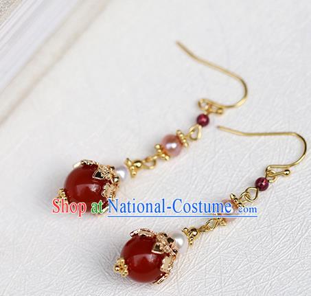 Chinese Handmade Agate Earrings Classical Ear Accessories Hanfu Qing Dynasty Princess Pearl Eardrop