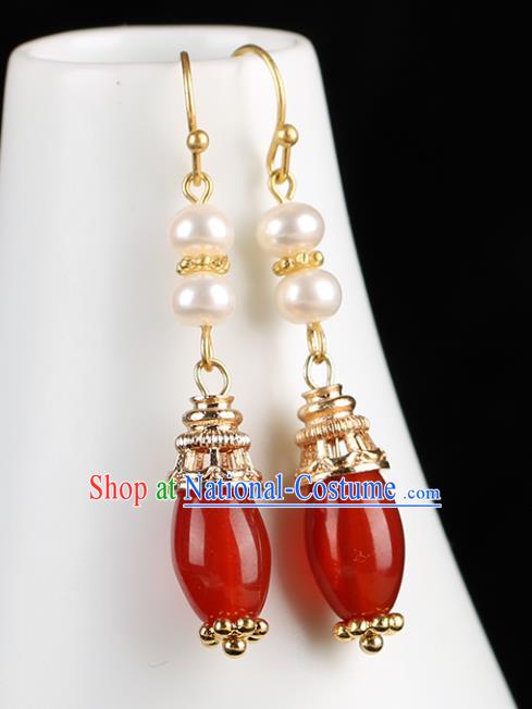 Chinese Handmade Pearl Earrings Classical Ear Accessories Hanfu Qing Dynasty Princess Red Agate Eardrop