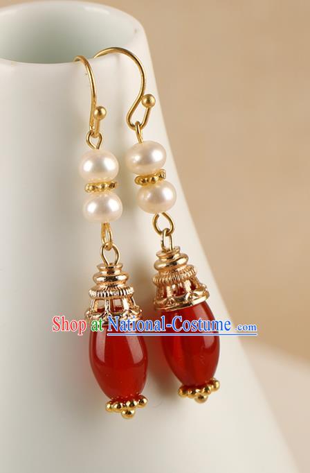 Chinese Handmade Pearl Earrings Classical Ear Accessories Hanfu Qing Dynasty Princess Red Agate Eardrop