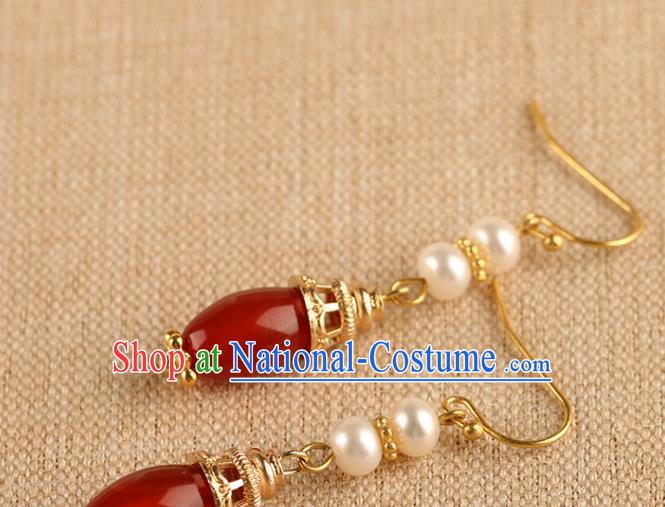 Chinese Handmade Pearl Earrings Classical Ear Accessories Hanfu Qing Dynasty Princess Red Agate Eardrop