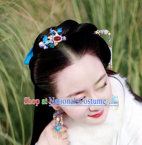 Chinese Classical Palace Pearls Blueing Hair Stick Handmade Hanfu Hair Accessories Ancient Ming Dynasty Empress Gems Hairpins