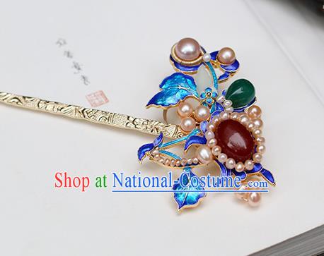 Chinese Classical Palace Jade Pearls Hair Stick Handmade Hanfu Hair Accessories Ancient Ming Dynasty Empress Gems Blueing Hairpins