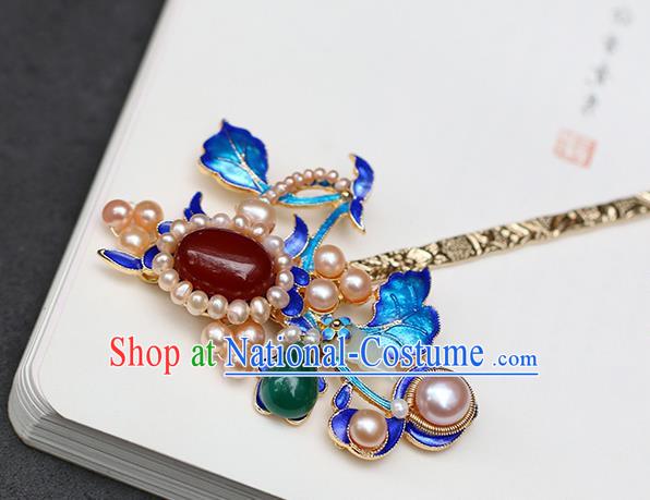 Chinese Classical Palace Jade Pearls Hair Stick Handmade Hanfu Hair Accessories Ancient Ming Dynasty Empress Gems Blueing Hairpins