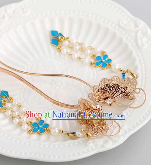 Chinese Classical Palace Golden Butterfly Hair Stick Handmade Hanfu Hair Accessories Ancient Ming Dynasty Princess Tassel Hairpins