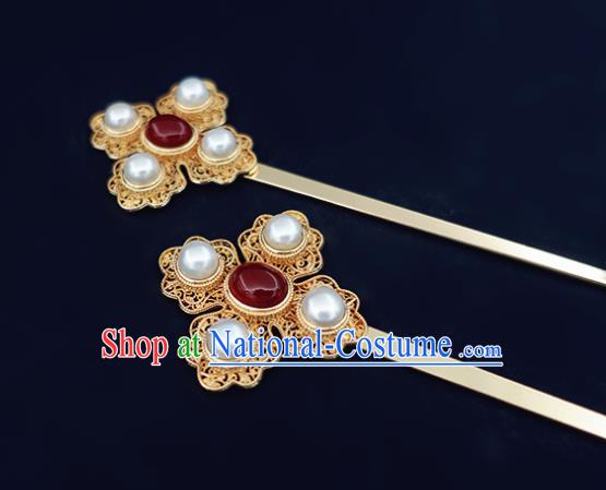 Chinese Classical Palace Gems Hair Stick Handmade Hanfu Hair Accessories Ancient Ming Dynasty Empress Golden Hairpins