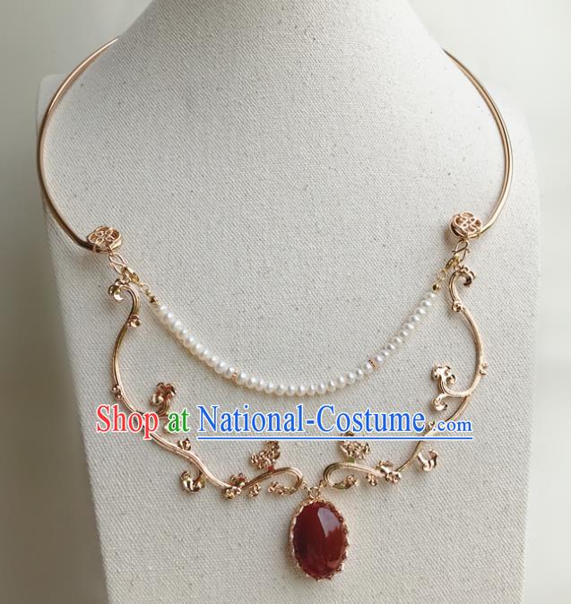 Chinese Handmade Hanfu Agate Golden Necklet Classical Jewelry Accessories Ancient Ming Dynasty Princess Pearls Necklace for Women