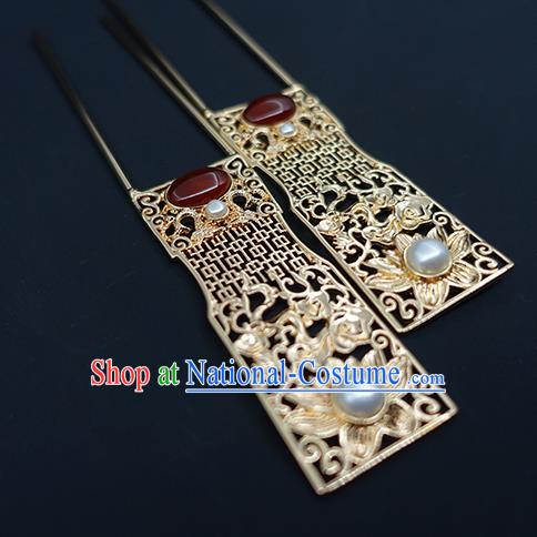 Chinese Classical Palace Agate Golden Hair Sticks Handmade Hanfu Hair Accessories Ancient Tang Dynasty Empress Carving Lotus Hairpins