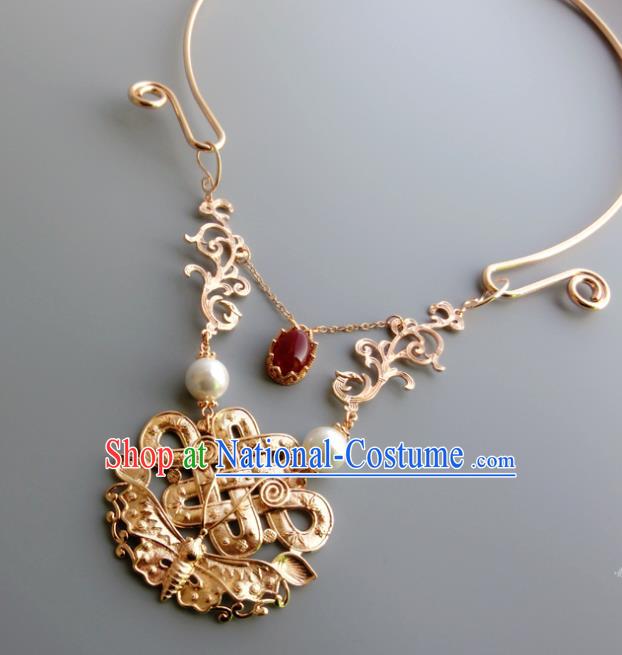 Chinese Handmade Hanfu Golden Butterfly Necklet Classical Jewelry Accessories Ancient Ming Dynasty Princess Necklace for Women