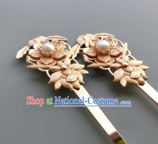 Chinese Classical Palace Hair Sticks Handmade Hanfu Hair Accessories Ancient Ming Dynasty Empress Golden Lotus Hairpins