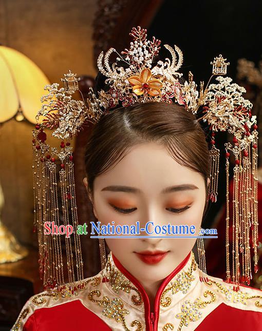 Chinese Classical Wedding Silk Flower Phoenix Coronet Handmade Hair Accessories Ancient Bride Hairpins Tassel Hair Crown Complete Set