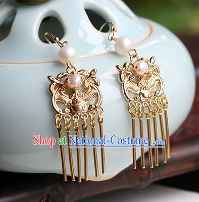 Chinese Handmade Golden Bat Earrings Classical Ear Accessories Hanfu Ming Dynasty Princess Tassel Eardrop