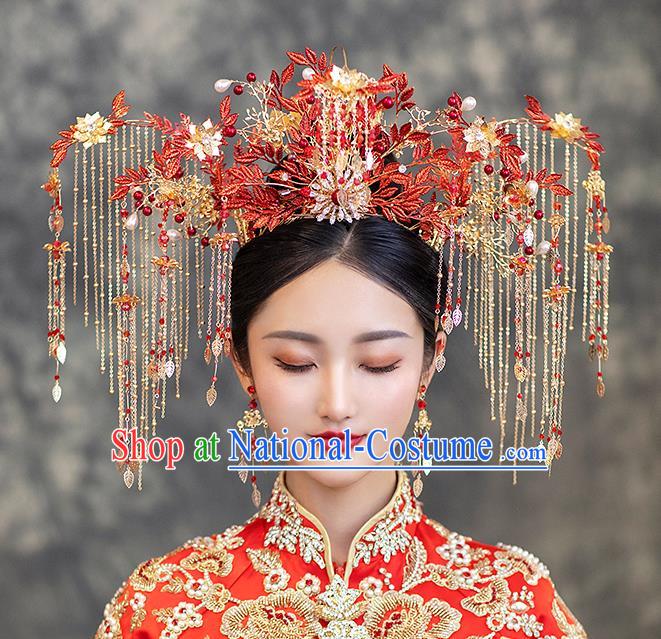 Chinese Classical Wedding Red Phoenix Coronet Handmade Hair Accessories Ancient Bride Hairpins Tassel Hair Crown Complete Set