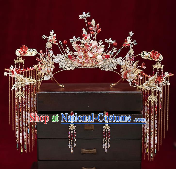 Chinese Classical Wedding Dragonfly Phoenix Coronet Handmade Hair Accessories Ancient Bride Tassel Hair Crown Hairpins Complete Set