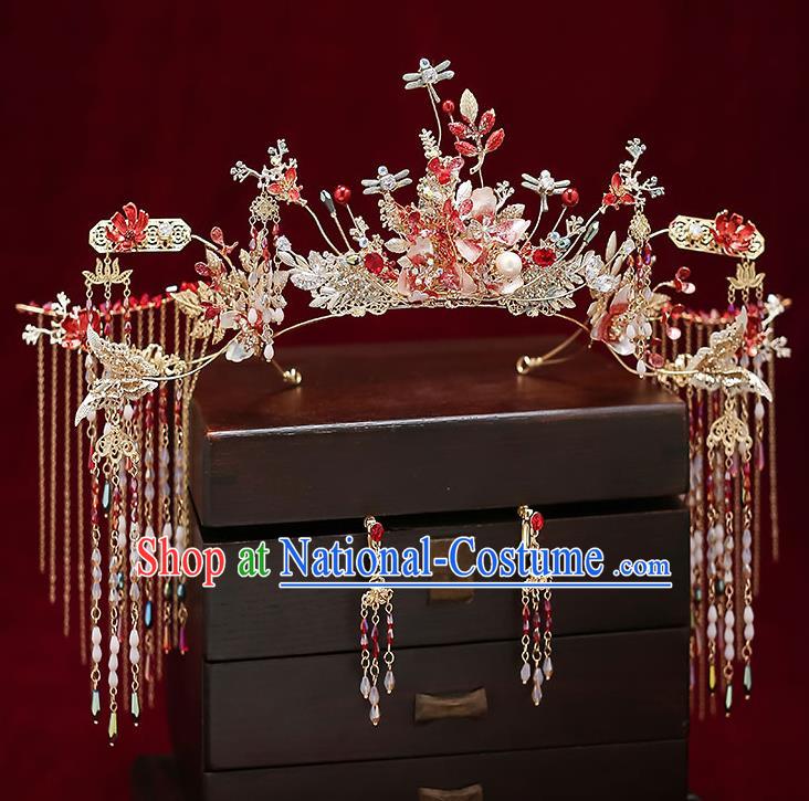 Chinese Classical Wedding Dragonfly Phoenix Coronet Handmade Hair Accessories Ancient Bride Tassel Hair Crown Hairpins Complete Set