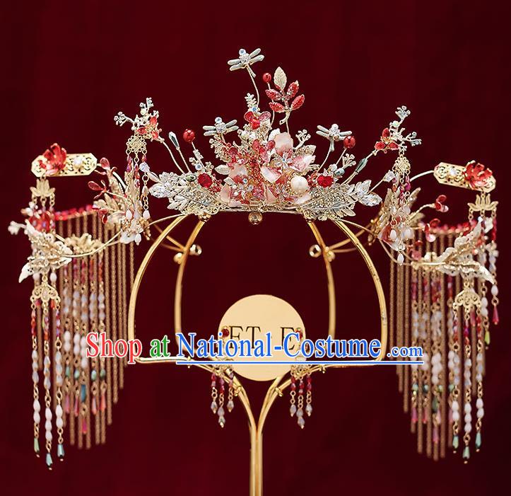 Chinese Classical Wedding Dragonfly Phoenix Coronet Handmade Hair Accessories Ancient Bride Tassel Hair Crown Hairpins Complete Set