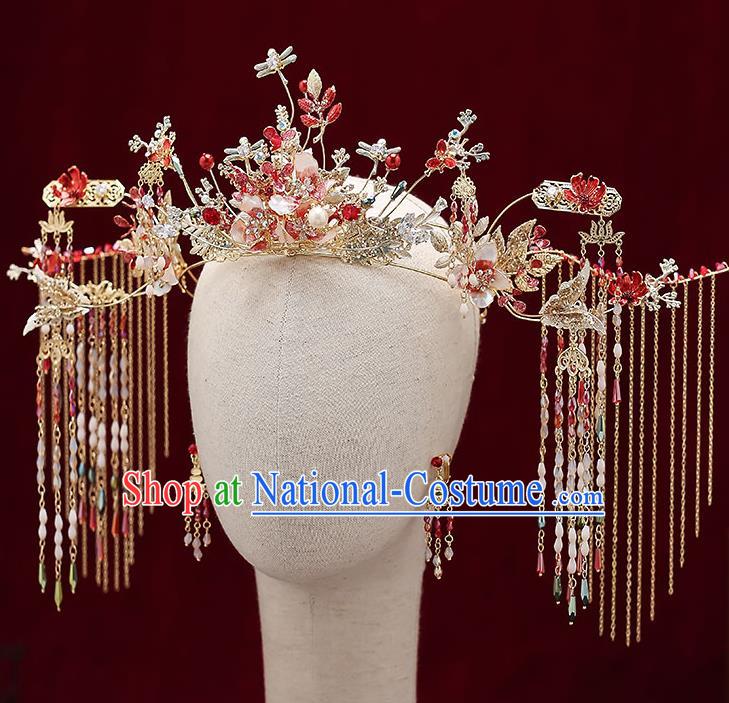 Chinese Classical Wedding Dragonfly Phoenix Coronet Handmade Hair Accessories Ancient Bride Tassel Hair Crown Hairpins Complete Set