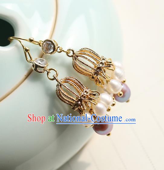 Chinese Handmade Golden Earrings Classical Ear Accessories Hanfu Ming Dynasty Princess Zircon Eardrop