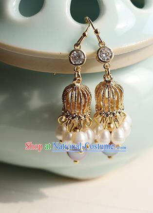 Chinese Handmade Golden Earrings Classical Ear Accessories Hanfu Ming Dynasty Princess Zircon Eardrop