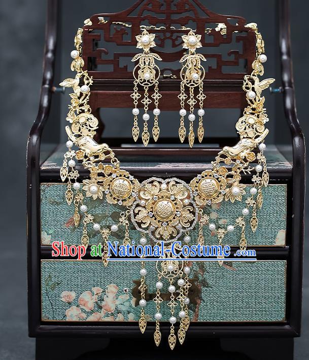 Chinese Handmade Hanfu Golden Necklet and Earrings Ancient Wedding Necklace Classical Jewelry Accessories for Women