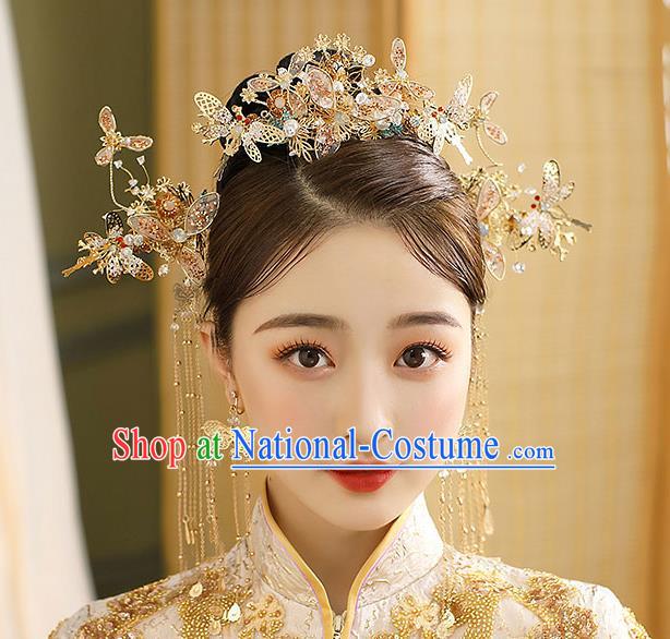 Chinese Classical Wedding Golden Dragonfly Hair Crown Handmade Hair Accessories Ancient Bride Tassel Hairpins Complete Set