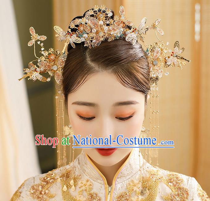 Chinese Classical Wedding Golden Dragonfly Hair Crown Handmade Hair Accessories Ancient Bride Tassel Hairpins Complete Set