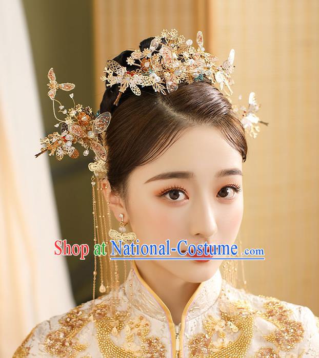 Chinese Classical Wedding Golden Dragonfly Hair Crown Handmade Hair Accessories Ancient Bride Tassel Hairpins Complete Set