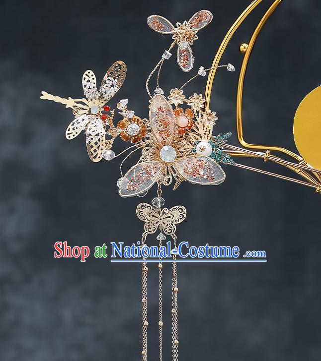 Chinese Classical Wedding Golden Dragonfly Hair Crown Handmade Hair Accessories Ancient Bride Tassel Hairpins Complete Set