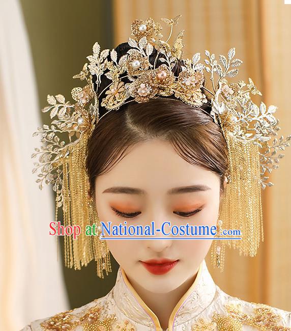 Chinese Classical Wedding Golden Butterfly Plum Hair Crown Handmade Hair Accessories Ancient Bride Tassel Hairpins Complete Set