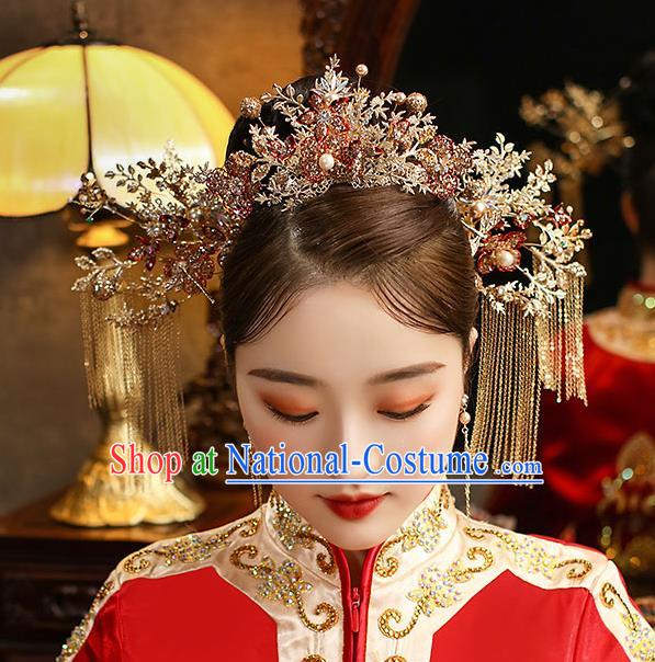 Chinese Classical Wedding Hair Crown Handmade Hair Accessories Ancient Bride Golden Hairpins Tassel Step Shake Complete Set