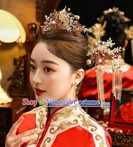 Chinese Classical Wedding Hair Crown Handmade Hair Accessories Ancient Bride Golden Hairpins Tassel Step Shake Complete Set