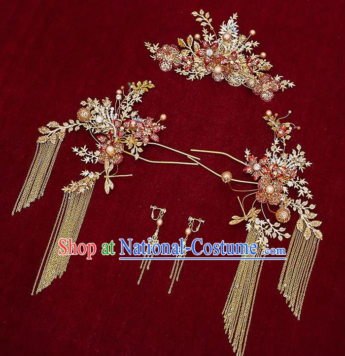 Chinese Classical Wedding Hair Crown Handmade Hair Accessories Ancient Bride Golden Hairpins Tassel Step Shake Complete Set