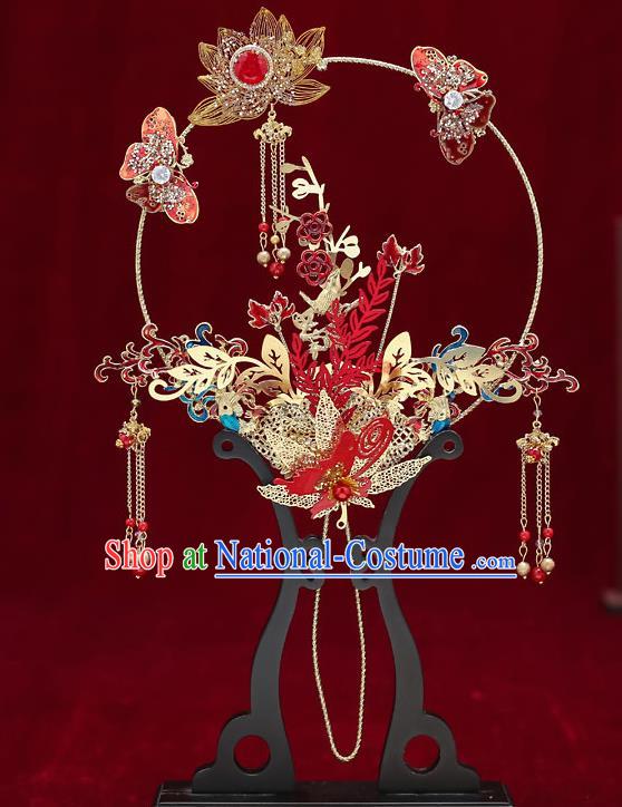 Chinese Handmade Wedding Golden Lotus Palace Fans Classical Fans Ancient Bride Red Butterfly Round Fans