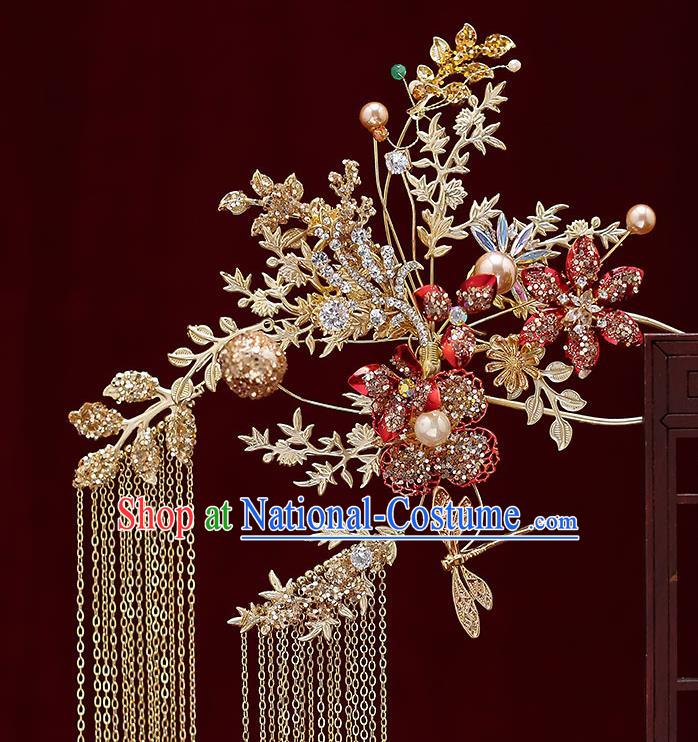 Chinese Classical Wedding Hair Crown Handmade Hair Accessories Ancient Bride Golden Hairpins Tassel Step Shake Complete Set