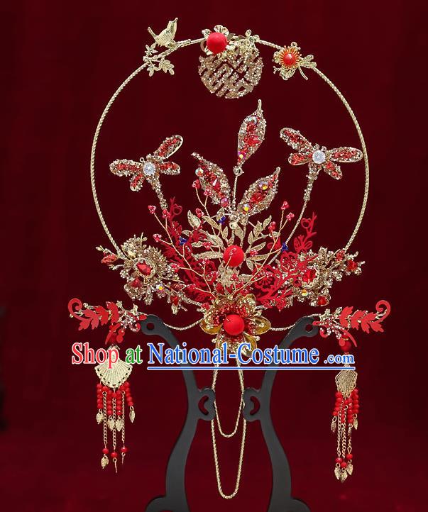 Chinese Handmade Wedding Red Dragonfly Palace Fans Classical Fans Ancient Bride Crystal Round Fans