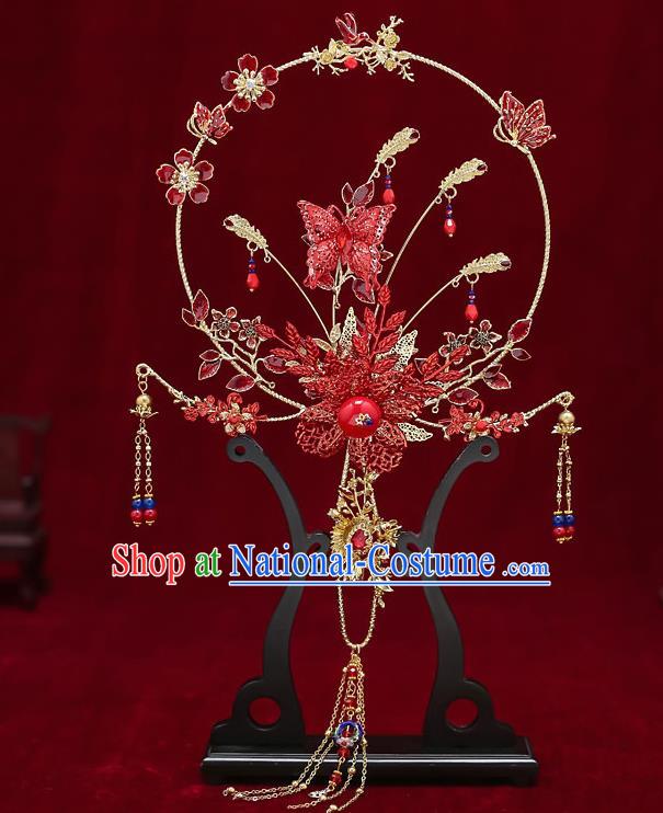 Chinese Handmade Wedding Red Butterfly Palace Fans Classical Fans Ancient Bride Tassel Round Fans