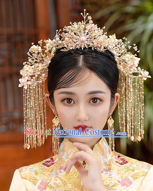 Chinese Classical Wedding Hair Crown Handmade Hair Accessories Ancient Bride Tassel Hairpins Golden Phoenix Coronet Complete Set