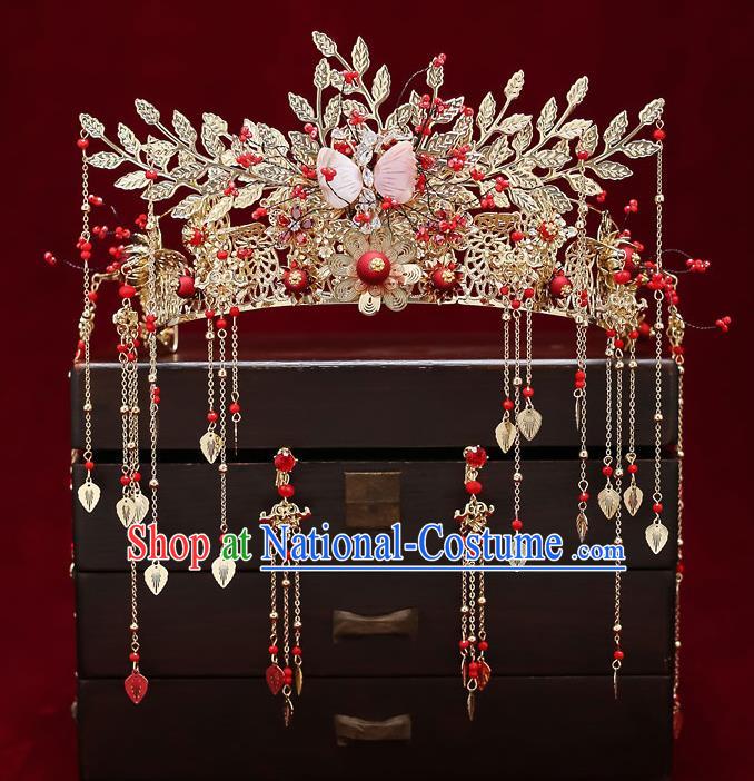 Chinese Classical Wedding Pink Shell Butterfly Hair Crown Handmade Hair Accessories Ancient Bride Tassel Hairpins Phoenix Coronet Complete Set