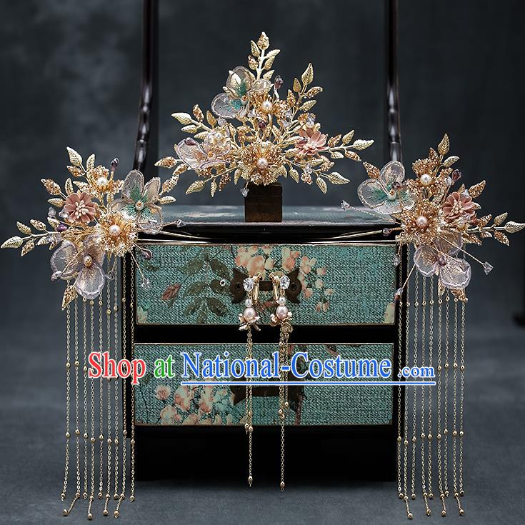 Chinese Classical Wedding Golden Hair Comb Handmade Hair Accessories Ancient Bride Hairpins Hair Crown Complete Set