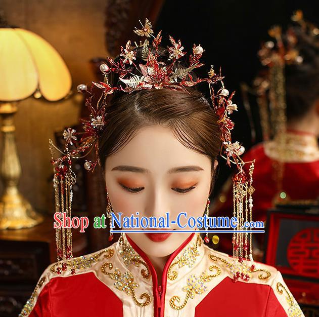 Chinese Classical Wedding Red Leaf Hair Crown Handmade Hair Accessories Ancient Bride Tassel Hairpins Complete Set