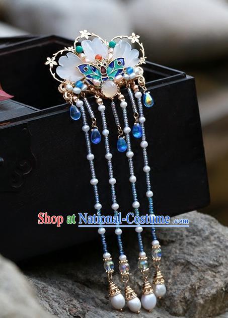 Chinese Classical Palace Blue Beads Tassel Hair Stick Handmade Hanfu Hair Accessories Ancient Qing Dynasty Princess Blueing Butterfly Hairpins