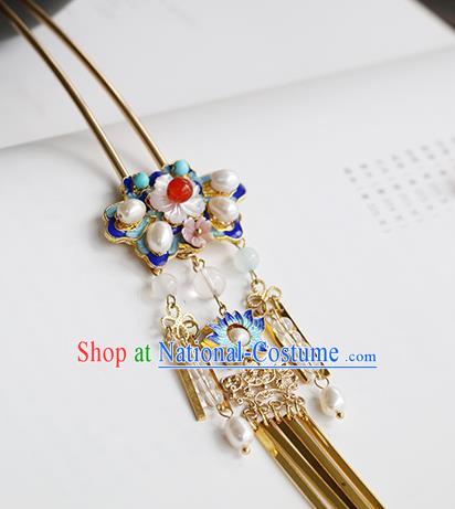 Chinese Classical Palace Pearls Golen Tassel Hair Stick Handmade Hanfu Hair Accessories Ancient Qing Dynasty Princess Blueing Lotus Hairpins