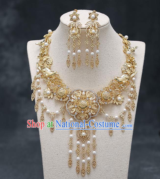 Chinese Handmade Hanfu Golden Necklet and Earrings Ancient Wedding Necklace Classical Jewelry Accessories for Women