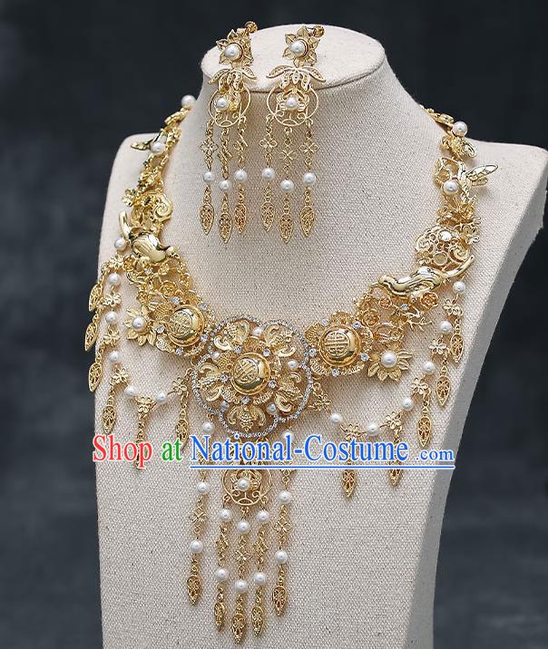 Chinese Handmade Hanfu Golden Necklet and Earrings Ancient Wedding Necklace Classical Jewelry Accessories for Women