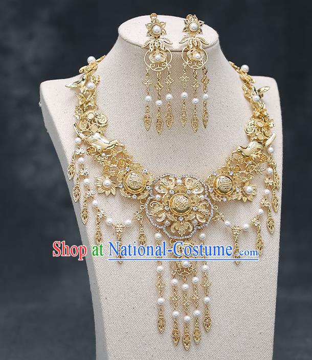 Chinese Handmade Hanfu Golden Necklet and Earrings Ancient Wedding Necklace Classical Jewelry Accessories for Women