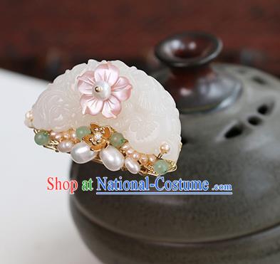 Chinese Classical Palace White Jade Hair Crown Handmade Hanfu Hair Accessories Ancient Ming Dynasty Princess Pearls Hairpins